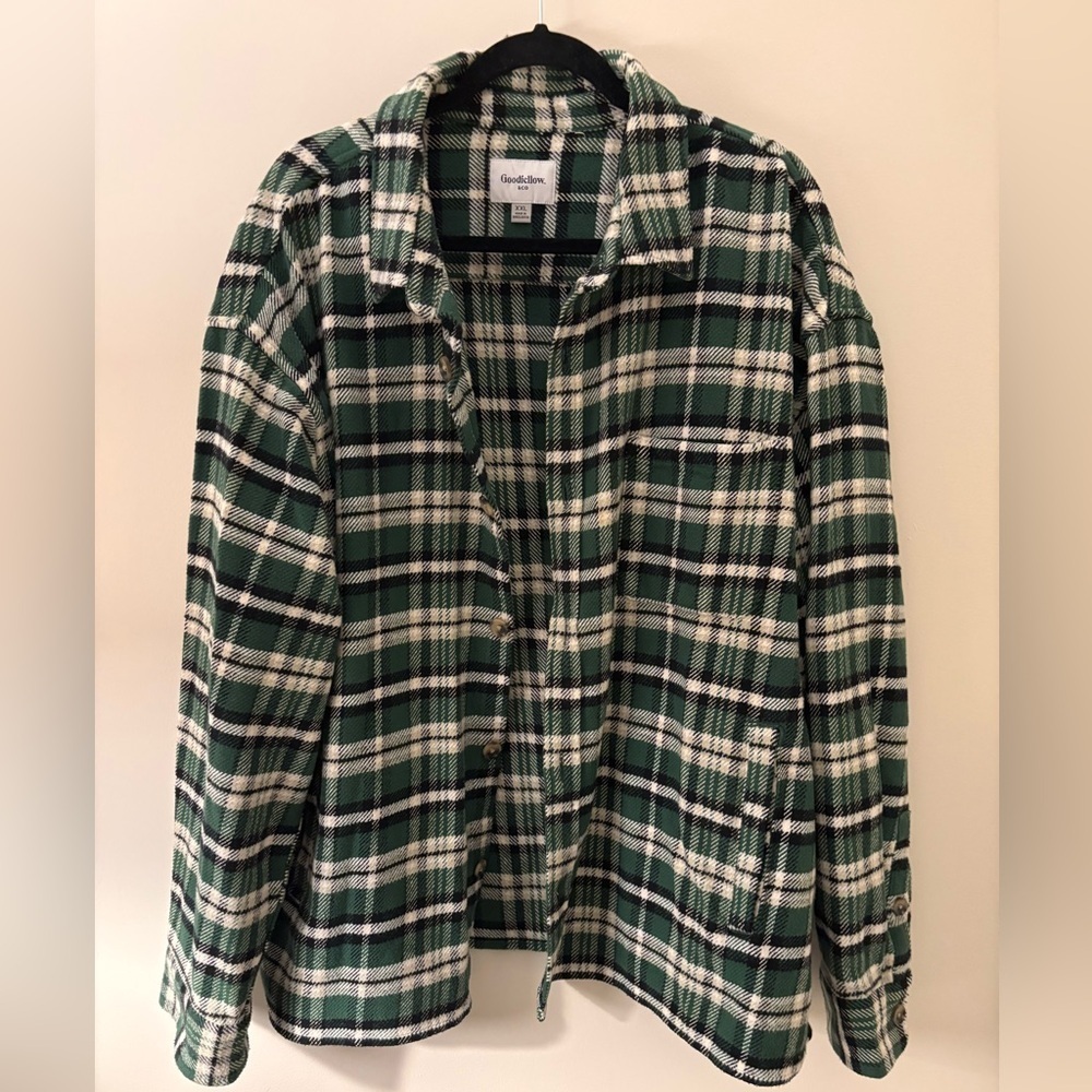 Goodfellow Button Down Green Plaid Heavy Flannel Mens Shacket Farm Outdoors